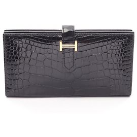 Hermès Cartera larga Hermes Bearn Soufflet de Alligator brillante