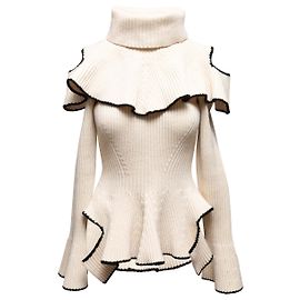 Peplum Turtleneck en Mezcla de Lana y Cachemira Cream & Black Alexander McQueen Talla US S
