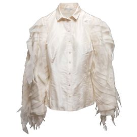 Top abbottonato Carolina Herrera bianco in seta con maniche testurizzate Taglia US 12