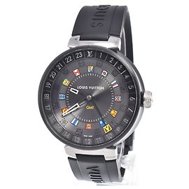 Louis Vuitton Tambour Moon Dual Time Quartz Stainless Steel with Diamond Lugs and Markers and Leather 35