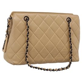 CHANEL Matelasse Chain Shoulder Bag Lamb Skin Beige Black CC