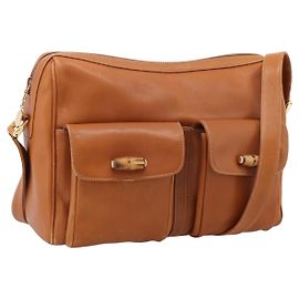 GUCCI Bamboo Shoulder Bag Leather Brown Gold