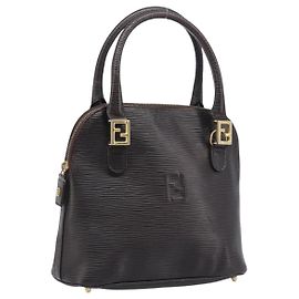 FENDI Hand Bag Leather Dark Brown Gold Tone