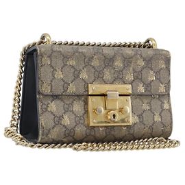 GUCCI GG Supreme Padlock Chain Shoulder Bag PVC Beige Gold 409487