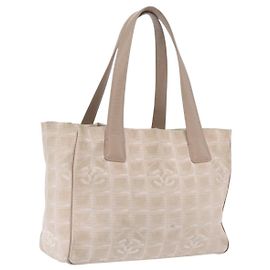 CHANEL New Travel Line Tote Bag Canvas Beige Gold CC