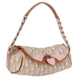 Christian Dior Trotter Canvas Romantic Chain Bag PVC Beige Silver