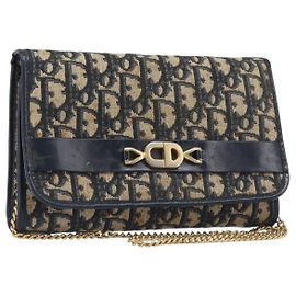 Christian Dior Trotter Canvas Chain Shoulder Bag Navy Gold