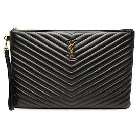 Autre Marque Portadocumenti Saint Laurent in pelle chevron nera con monogramma