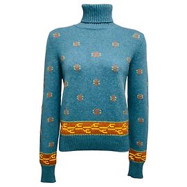 Pull à col roulé en maille de cachemire intarsia bleu multicolore Chanel avec plaque logo CC