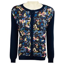 Erdem Cardigan in maglia blu navy multicolore in lana merino e cashmere con sciarpa stampata in chiffon di seta