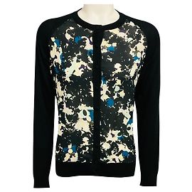 Cárdigan de punto de lana merino y cachemira negro multicolor Erdem con bufanda estampada de gasa de seda