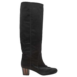 Lanvin Kniehohe Satin-Stiefel mit Absatz in Schwarz, Schildpatt-Optik, Größe 39