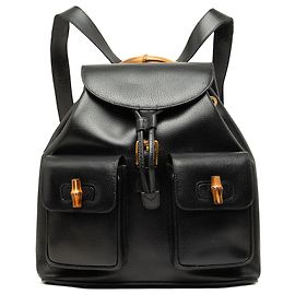 Zaino Gucci Large in pelle di vitello nera con coulisse e bambù