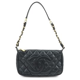 CHANEL Matelasse Caviarskin Schultertasche mit Kette Schwarz A22476