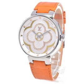Louis Vuitton Tambour Moon Divine Quartz Stainless Steel and Monogram Canvas with Diamond Markers 35