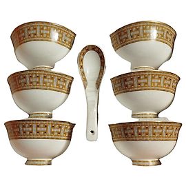 Hermès Ensemble Bol et Cuillère Mosaique au 24 Porcelaine Blanche et Dorée
