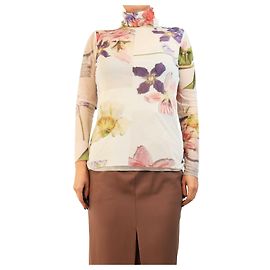 Ganni Mesh-Oberteil mit mehrfarbigem Blumenprint und Rollkragen - size UK 12