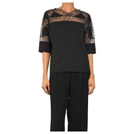 Hermès Top de renda preto de manga curta - size UK 6