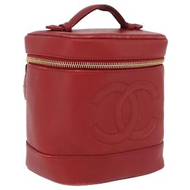 CHANEL Vanity Hand Bag Caviar Skin Red Gold CC