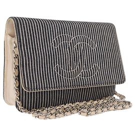 CHANEL Bolso de hombro con cadena de lona azul marino Silver CC