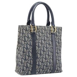 Christian Dior Trotter Canvas Hand Bag Navy Gold Tone