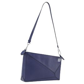 LOEWE Puzzle Pouch Shoulder Bag Leather Navy Silver