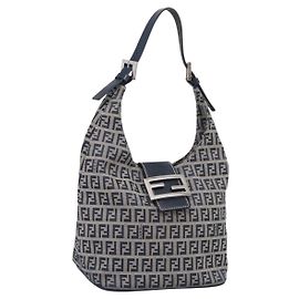 FENDI Zucchino Canvas Mamma Baguette Shoulder Bag Navy Silver