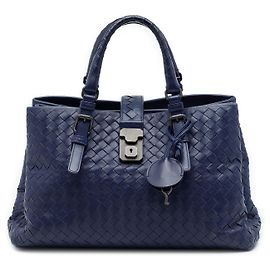 Bottega Veneta Borsa Satchel Roma Small in Nappa Intrecciato Blu