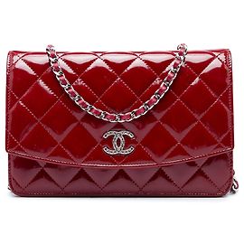 Chanel Red CC Quilted Patent Brilliant Wallet On Chain
