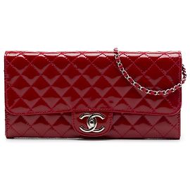 Chanel Red CC Quilted Patent East West Wallet On Chain