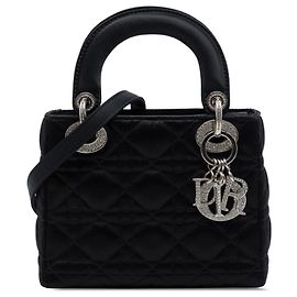 Dior Mini Lady Dior aus schwarzem Satin Cannage mit Swarovski-Kristallen