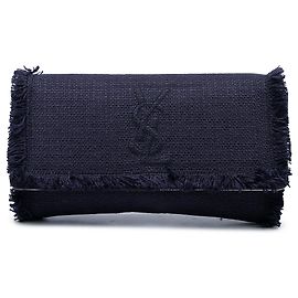 Autre Marque Clutch Saint Laurent Belle De Jour Large in lino monogram blu con frange