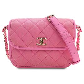 Chanel Pink Small CC Quilted Denim Messenger Flap