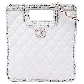 Chanel White CC Tweed Trimmed Quilted Aged Calfskin Cutout Handle Shopping Tote
