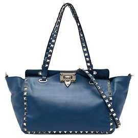 Borsa Satchel Trapeze Rockstud in pelle blu Small Valentino