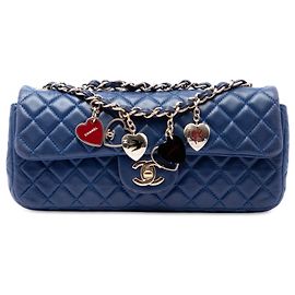 Chanel Blue Quilted Lambskin Valentine Heart Charms East West Flap