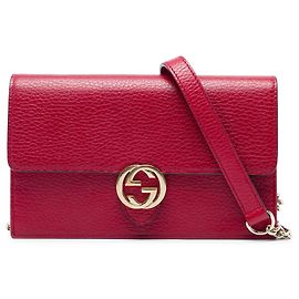 Portafoglio con catena Gucci in pelle di vitello Dollar rossa con G intrecciate