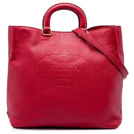 Prada Rote Open Convertible Tote aus Vitello Daino und Canapa mit Logo