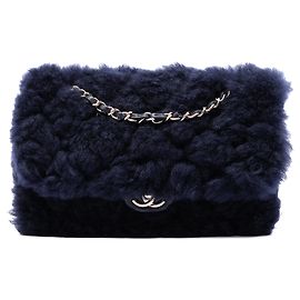 Chanel Blue Medium CC Shearling and Lambskin Single Flap