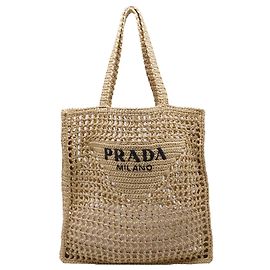 Saco Tote Prada em crochet em ráfia castanha