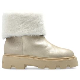 Stivali da neve Moncler Aurea in pelle beige e pelliccia
