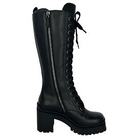  Miu Miu Lace Up Military Knee-High Boots in Black Leather