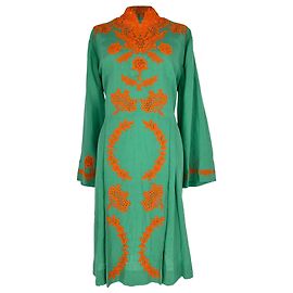 Vestido midi de lino verde con ribete de encaje Gucci