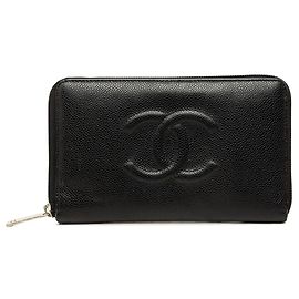 Black Chanel CC Caviar Zip Around Organizer Wallet Long Wallets