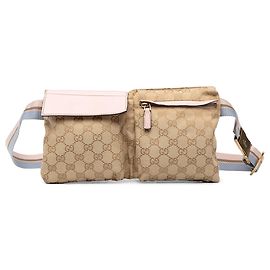 Borsello cintura Gucci GG Canvas Web beige con doppia tasca