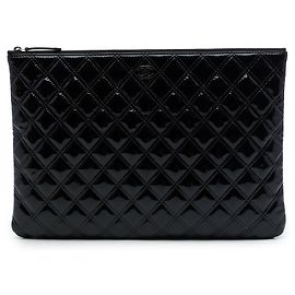 Black Chanel Large Quilted Patent Double Stitch O Case Clutch