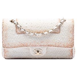 White Chanel Medium Classic Metallic Tweed Double Flap Shoulder Bag