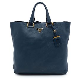 Blue Prada Vitello Daino Open Convertible Tote Satchel