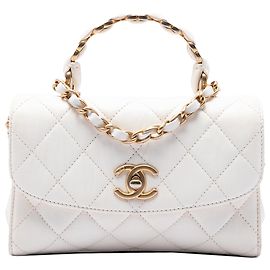 Chanel Mini Quilted Crumpled Lambskin CC Links Top Handle Flap Satchel Weiß