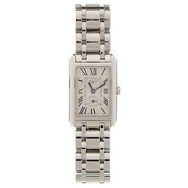Longines A DolceVita quartz watch where a rectangular case inspired by the Art Deco style and a silver flinque dial deliver an elegant atmosphere. Signature Roman numeral indices and blue steel hands enhance